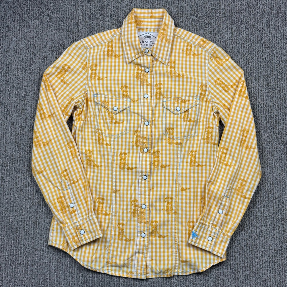 Barn Fly Trading Pearl Snap Shirt Yellow Gingham Womens S Cowboy Boot Western